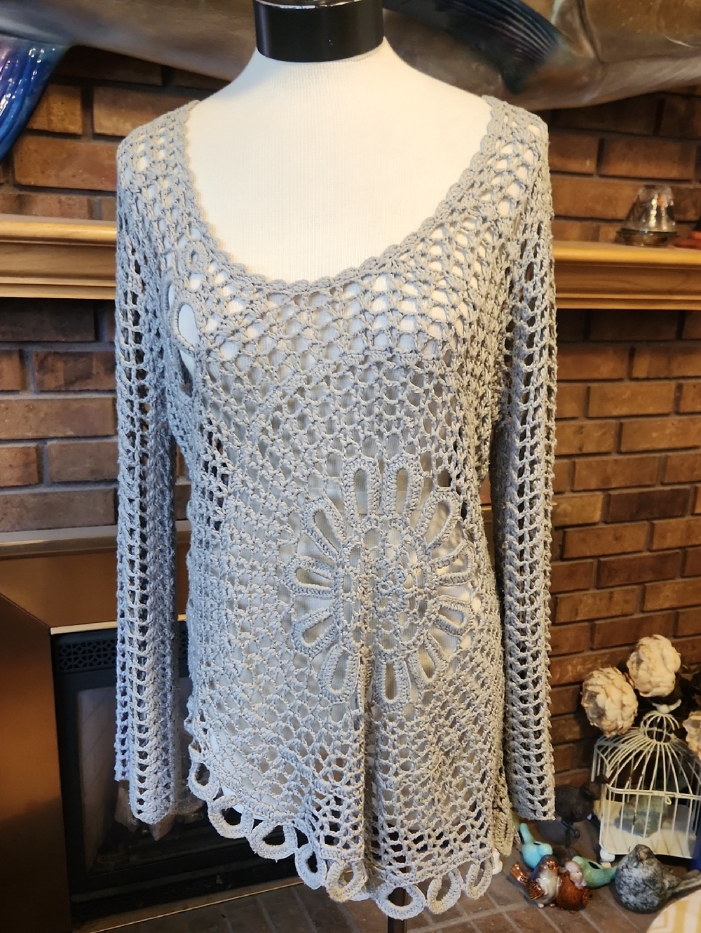 Crochet Open Knit Sage Green Grey Cover Up Pullover Fairy Festival Resortwear